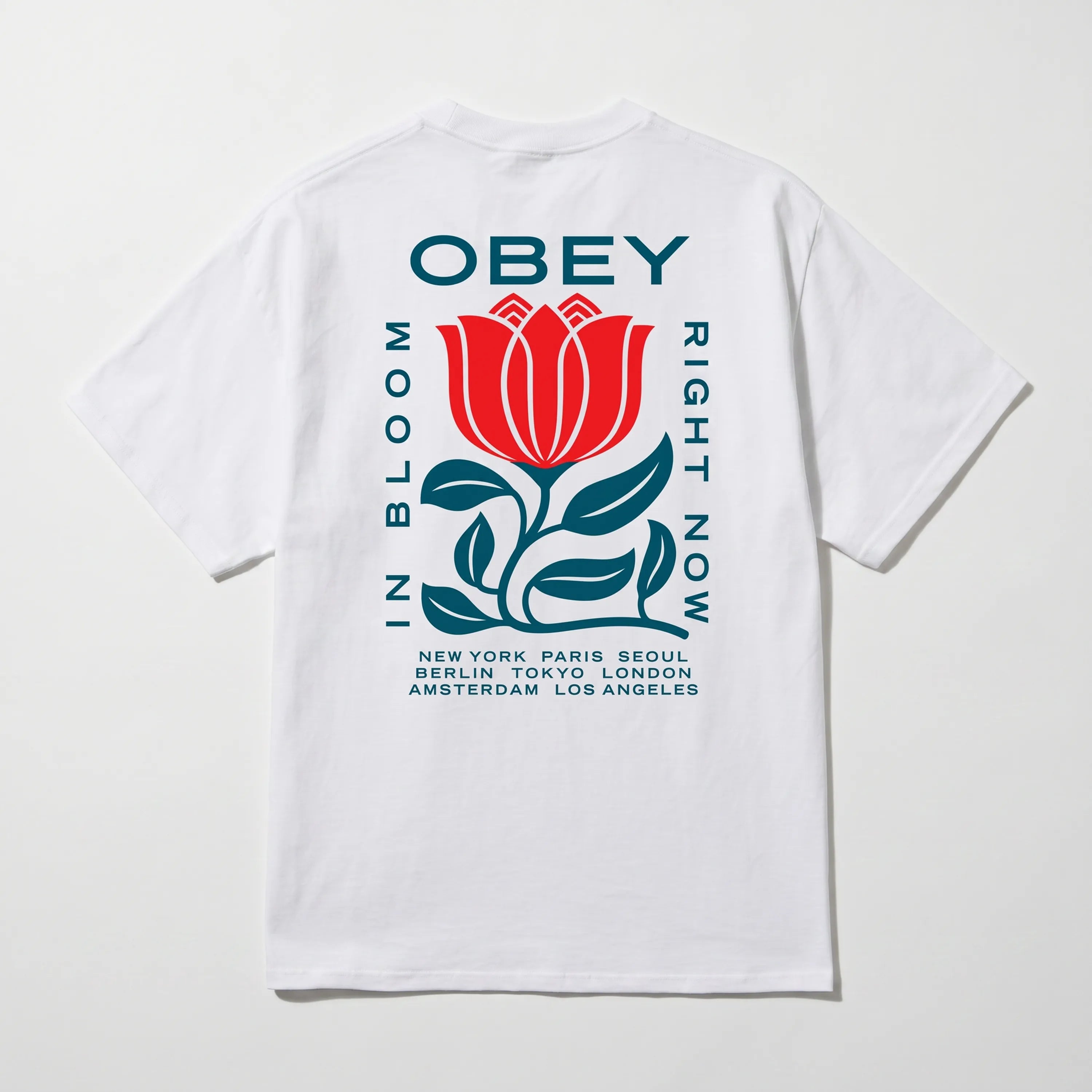 Back view of the Obey In Bloom White tee showing the floral graphic art.