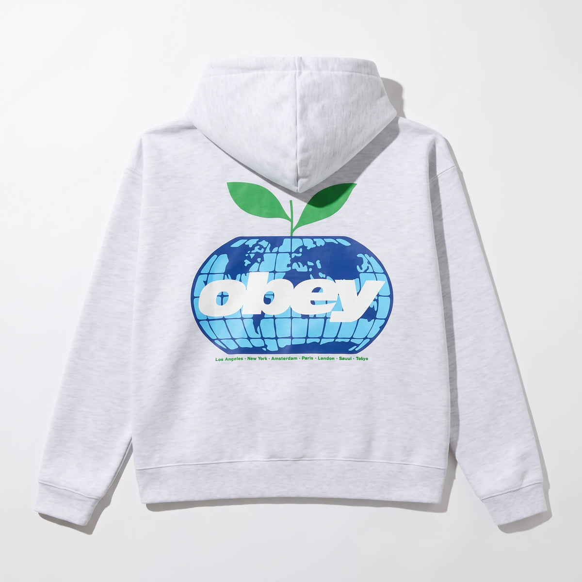 Sweat à capuche Obey Intercontinental Ash Grey vue de dos avec grand imprimé globe terrestre