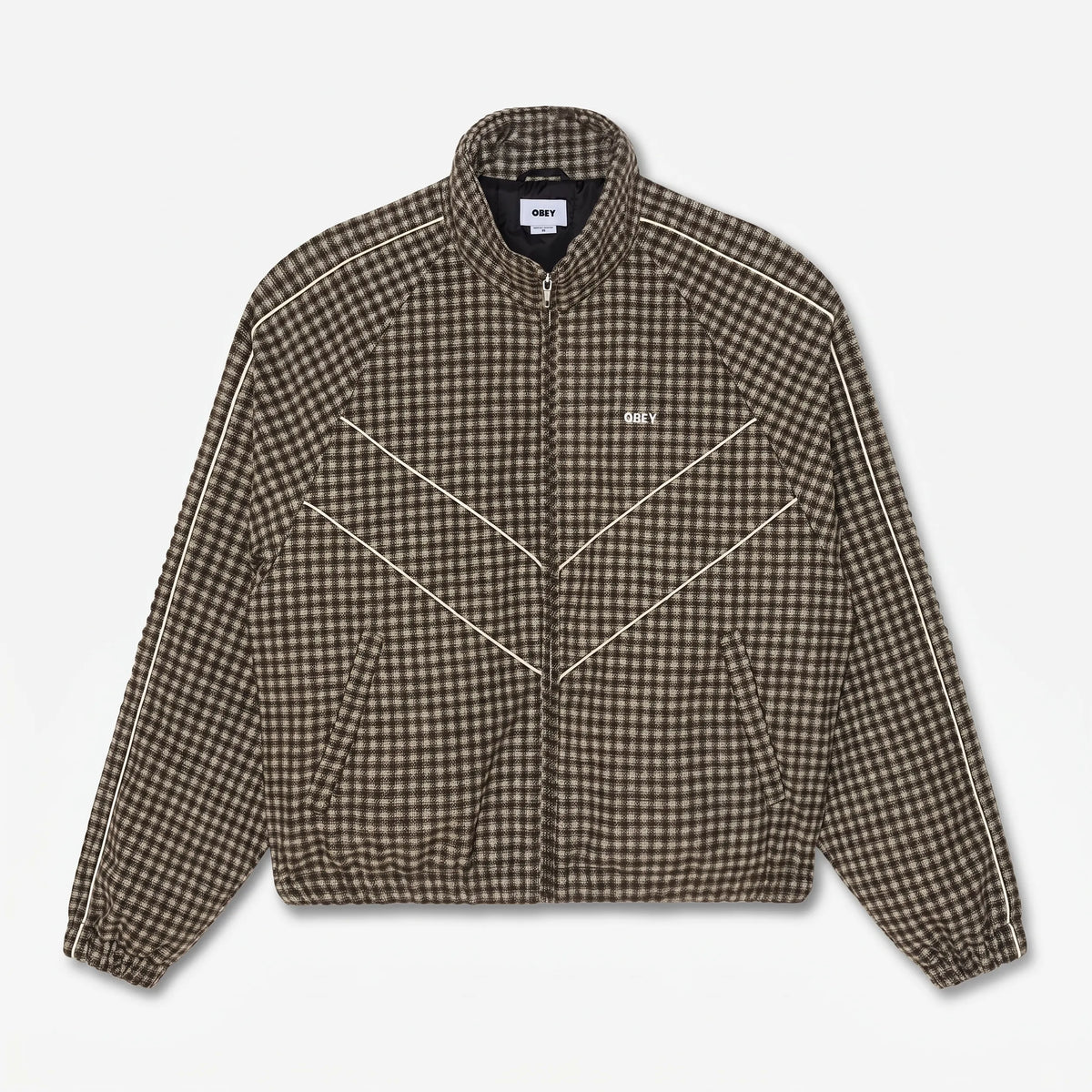 Veste Obey Leisure Training Jacket Abbey Stone Plaid vue de face avec col montant et motif carreaux