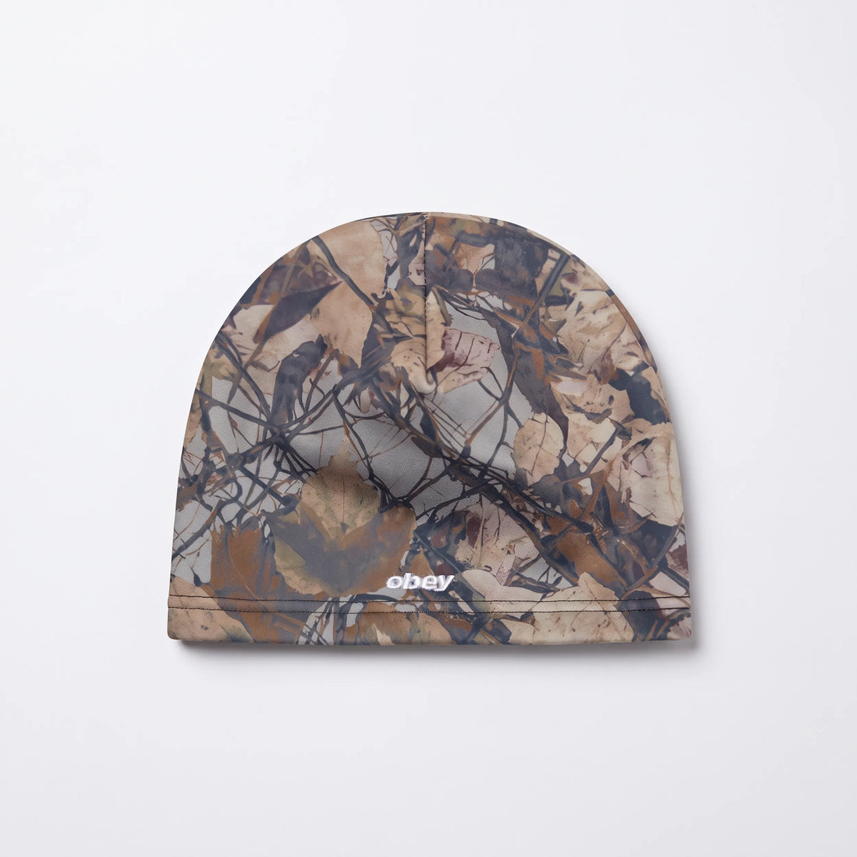 Obey Rova Skull Cap, multicolor fence camo beanie with embroidered Obey logo, front view
