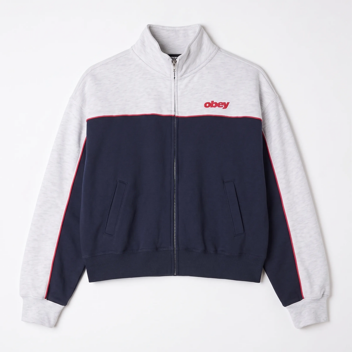 Veste zippée Obey Zeno col montant bleu marine et gris chiné à passepoil rouge, vue à plat