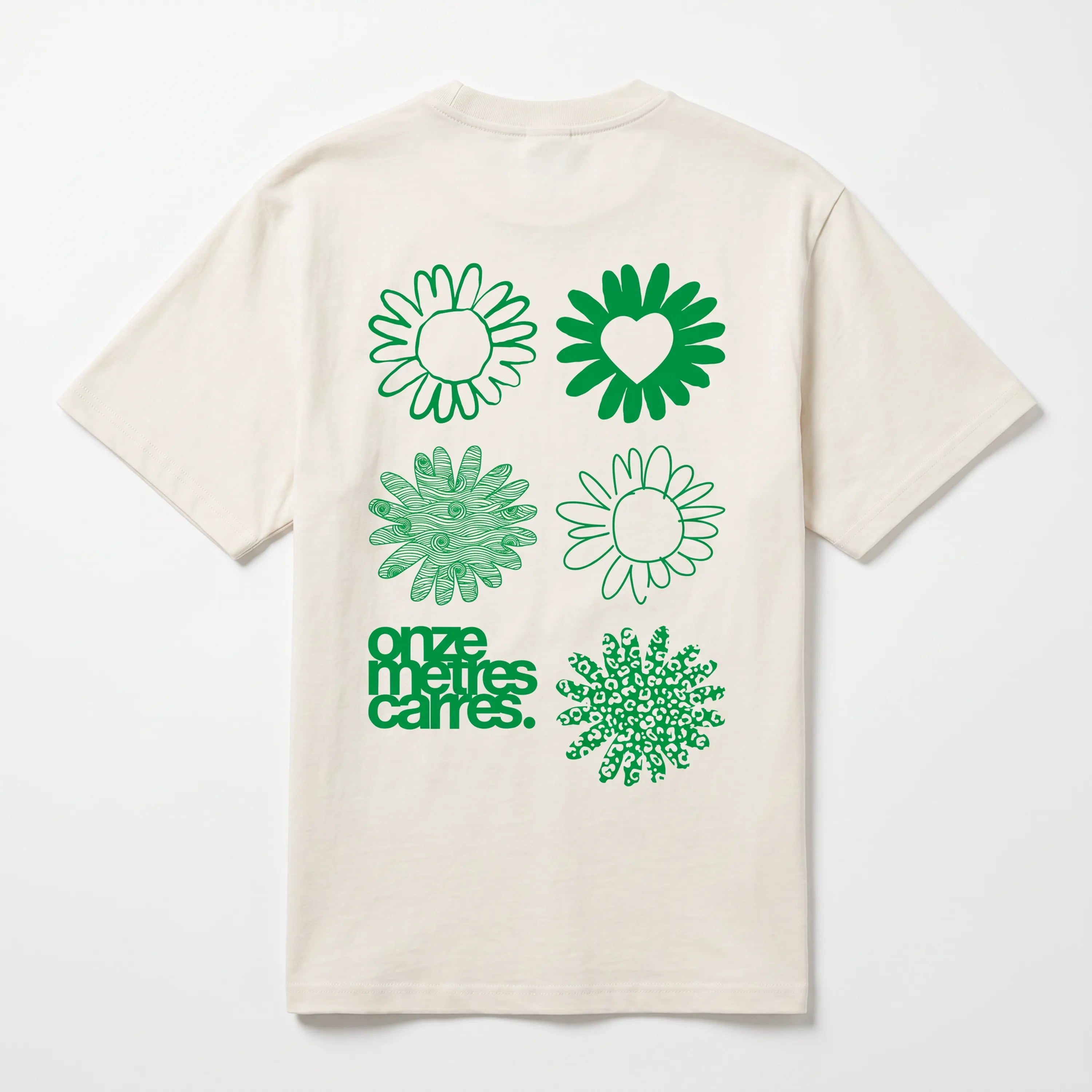 Gros plan sur la sérigraphie du t-shirt Onze Mètres Carrés.