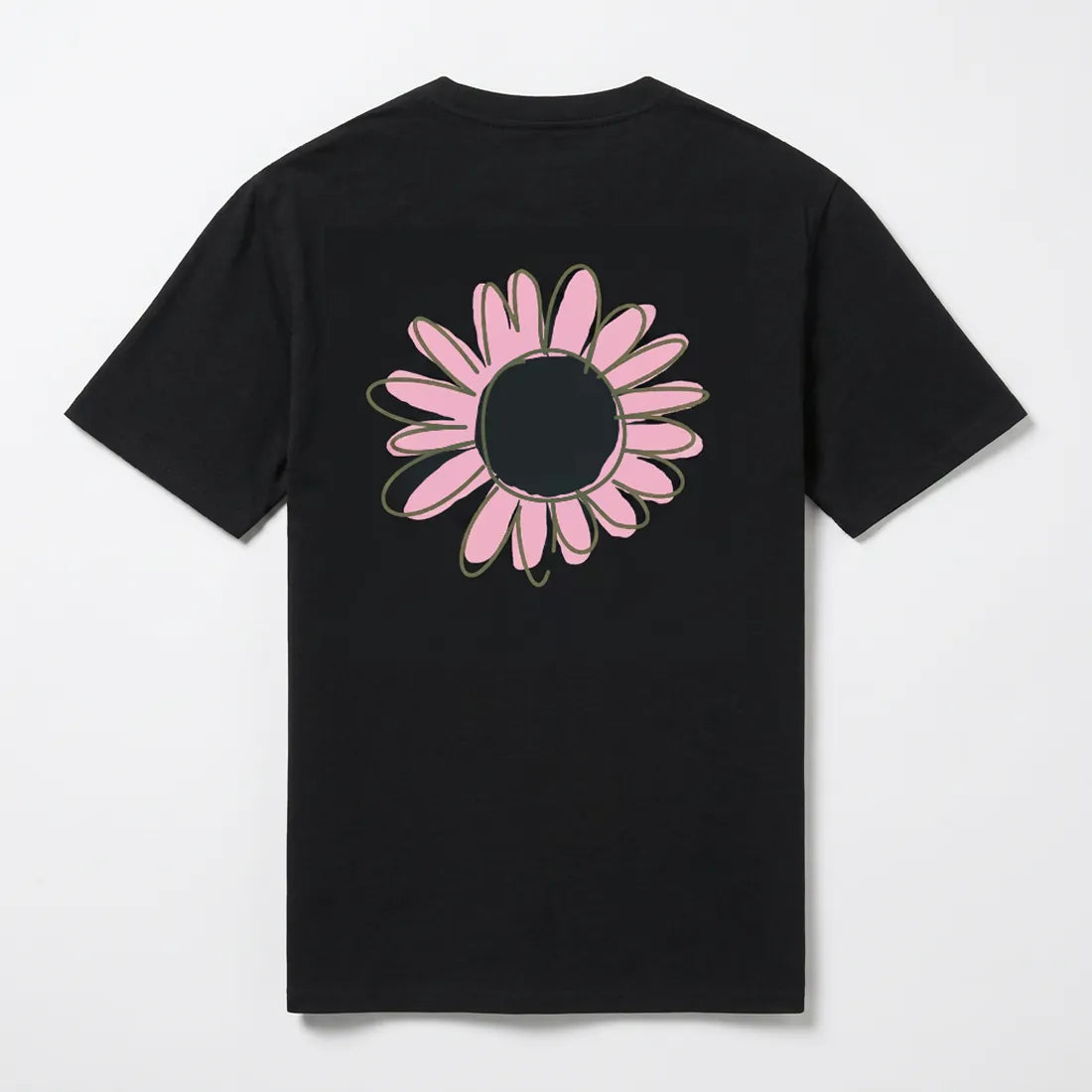 Dos du t-shirt oversize noir Onze Mètres Carrés Flower Draw Winter avec sérigraphie florale rose.