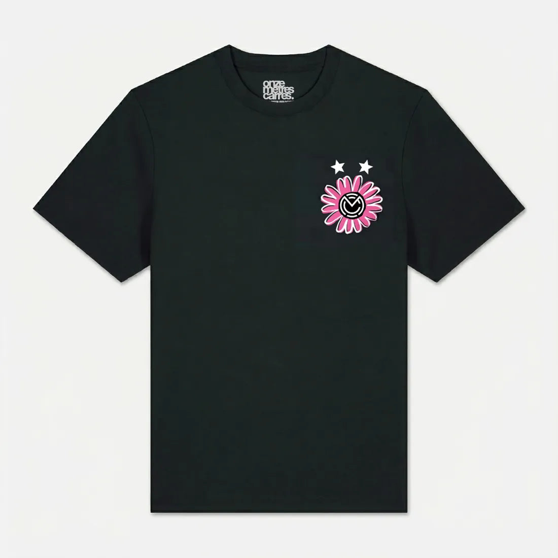 Front view of the black heavyweight cotton Onze Mètres Carrés t-shirt with heart-side logo print.