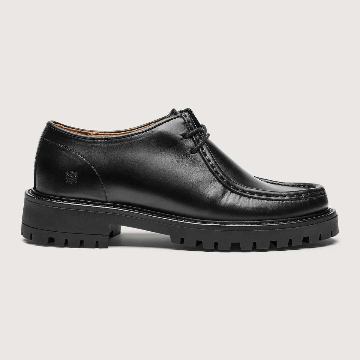 Original Playboy Marie Black Leather moc shoe, black pull-up leather with two-eyelet lacing