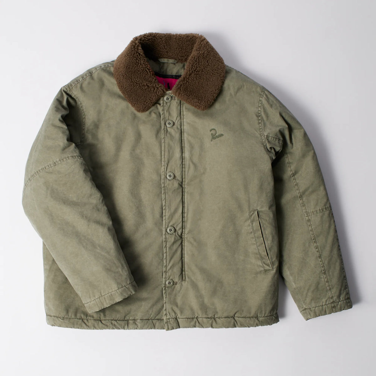 Front flat view of the By Parra Men's Darwin Takes Flight Jacket in Green with a brown faux fur collar.