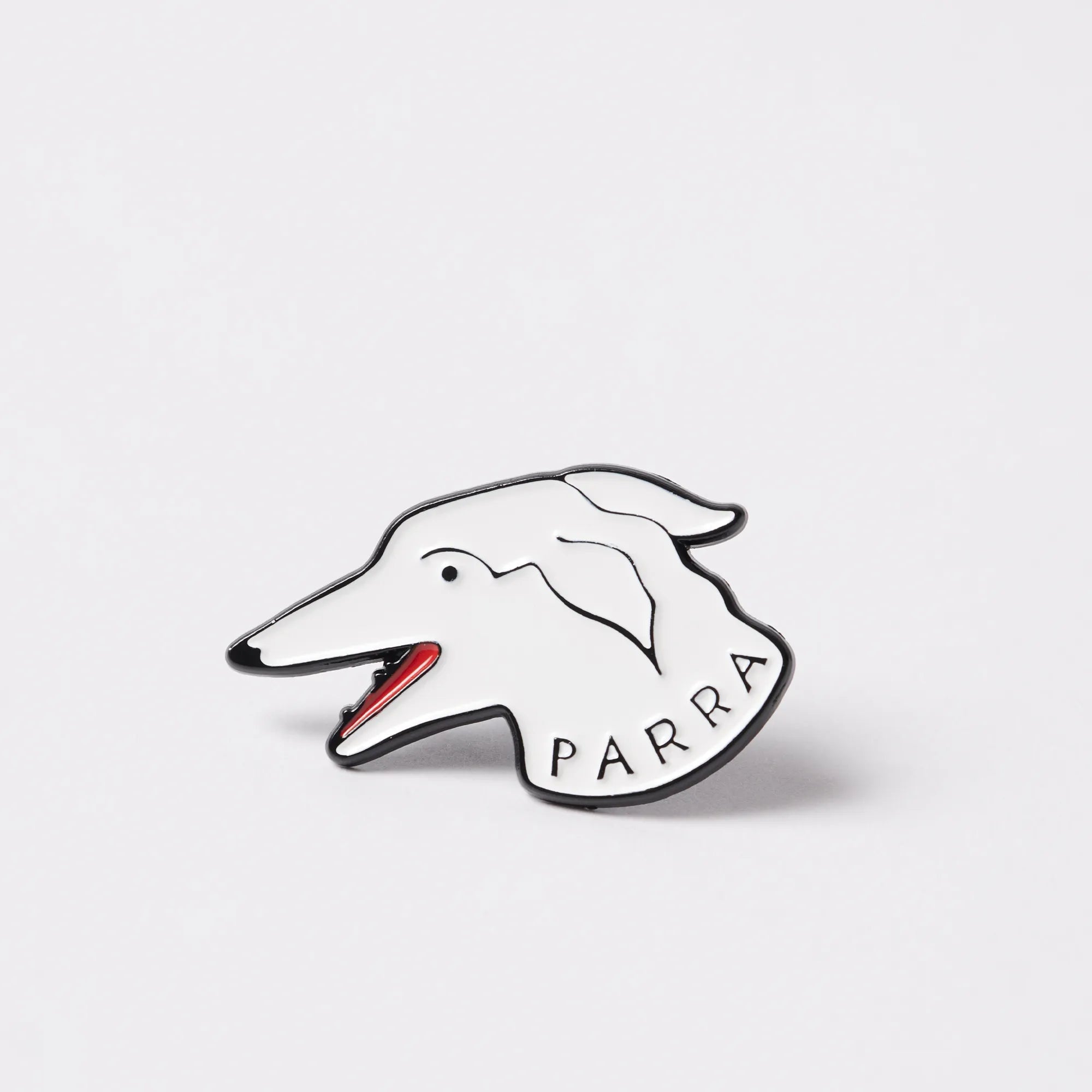 Premium white Parra Dogface hard enamel streetwear pin with double rubber clutch.