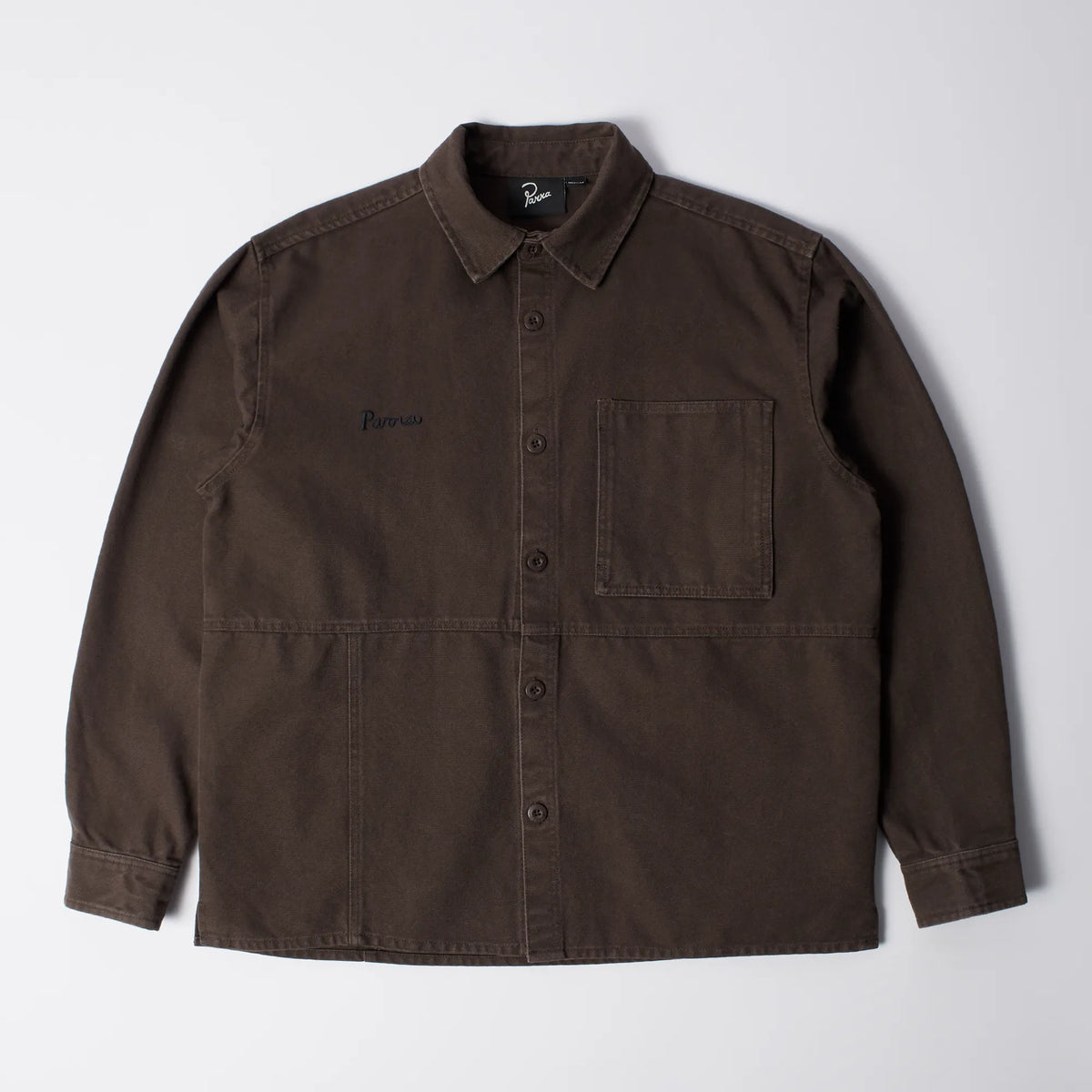 Chemise en coton lourd marron foncé By Parra Non Loud Long Sleeve vue de face avec poche poitrine.