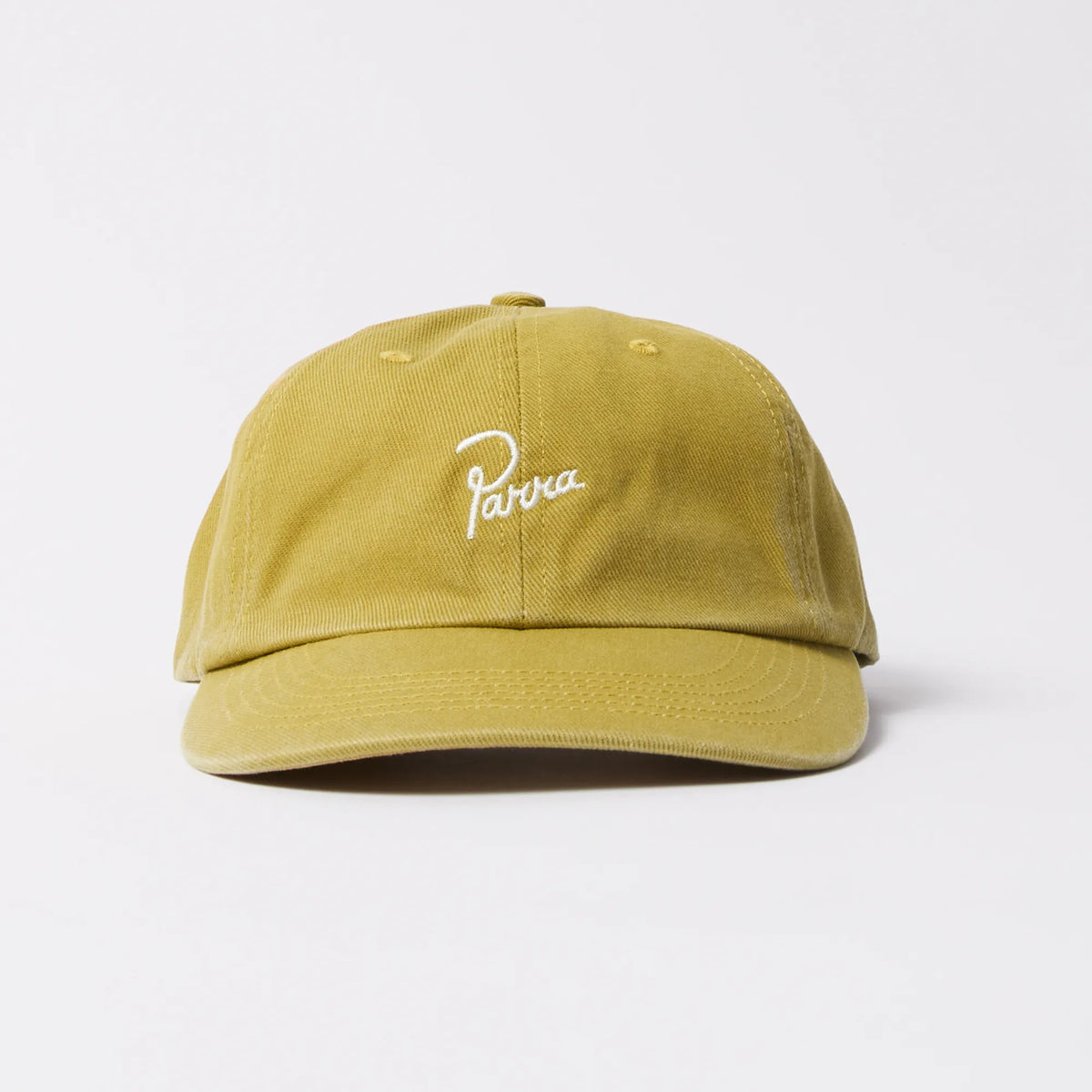 Parra Signature 6 Panel cap in green stonewashed cotton twill with cream embroidery, front view