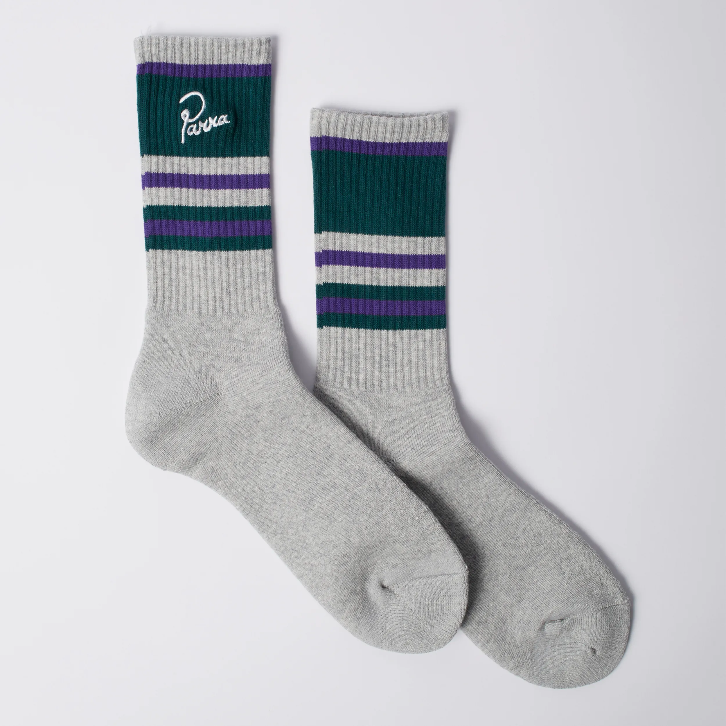 Parra Signature Striped Crew socks grey with green and purple stripes