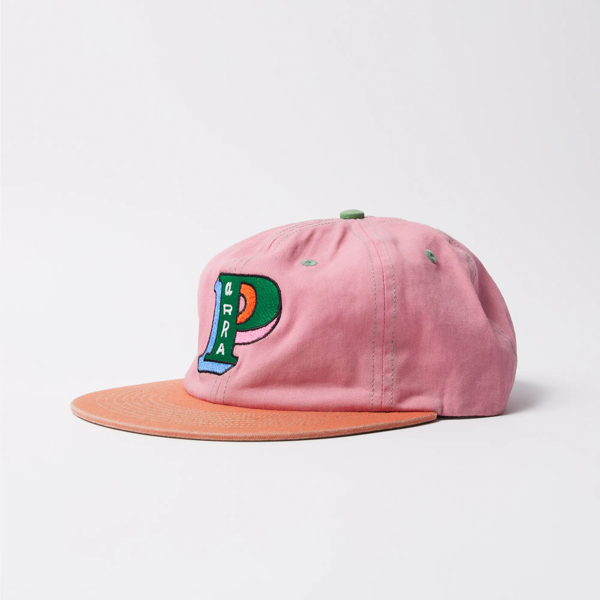 Parra Slanted P 6 panel pink and orange hat.