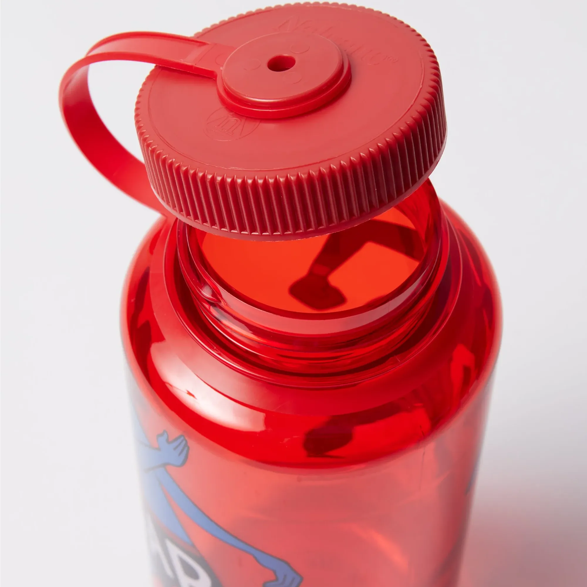 Screw-top cap and loop detail on the Parra x Nalgene red bottle