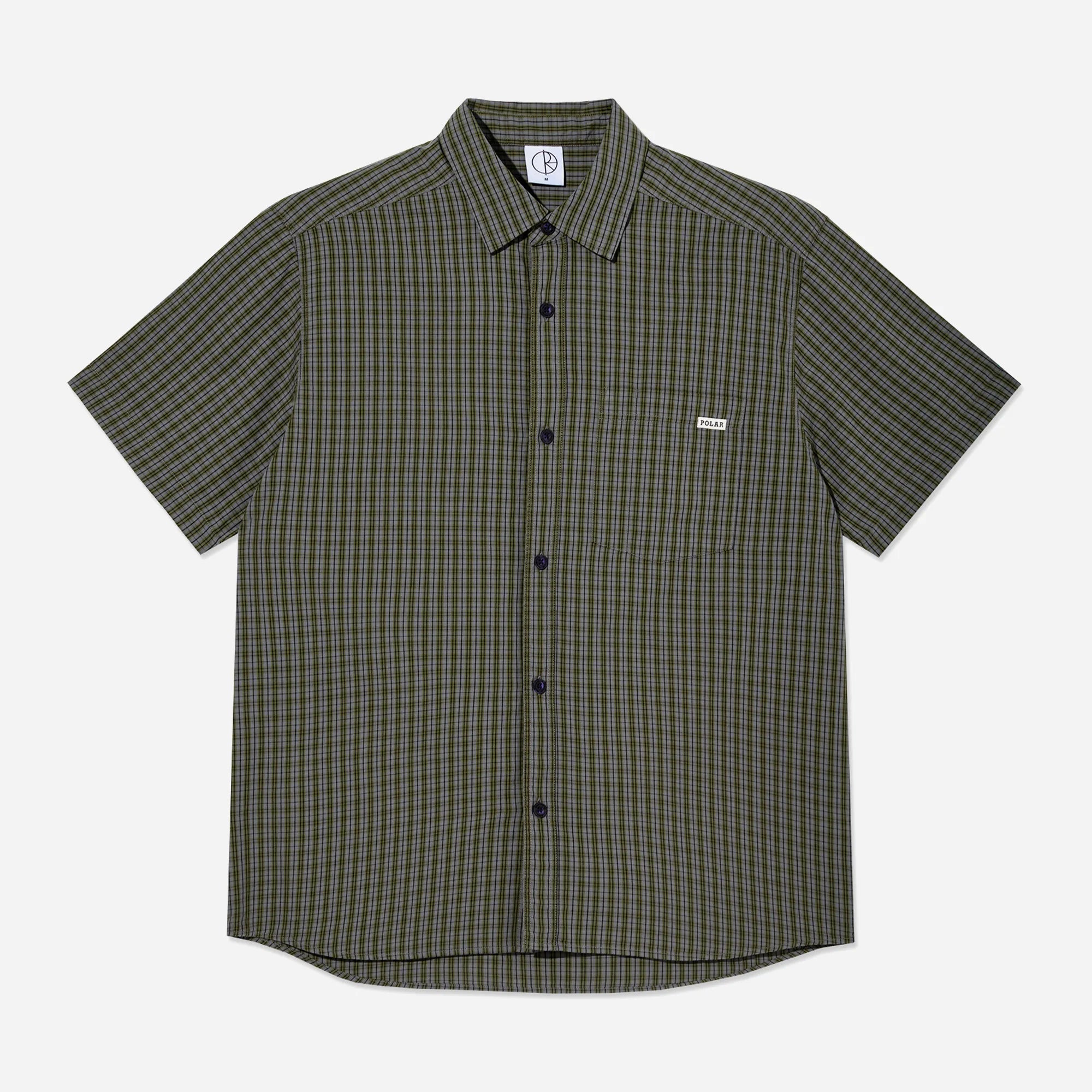 Chemise manches courtes streetwear Polar Skate Co Mitchell en popeline lavée noire et verte.