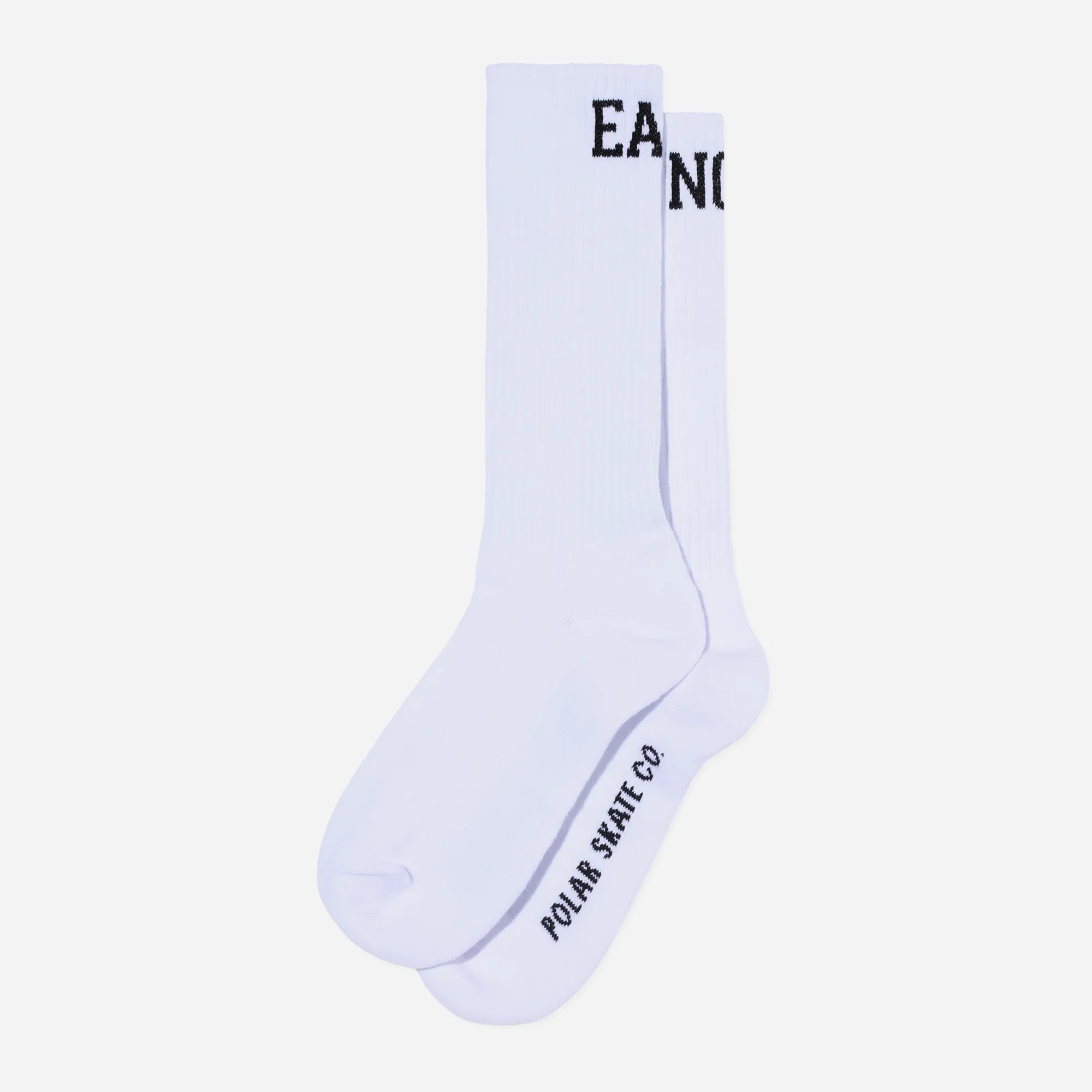 Premium white Polar Skate Co crew socks featuring woven Easy Now lettering on the calf.