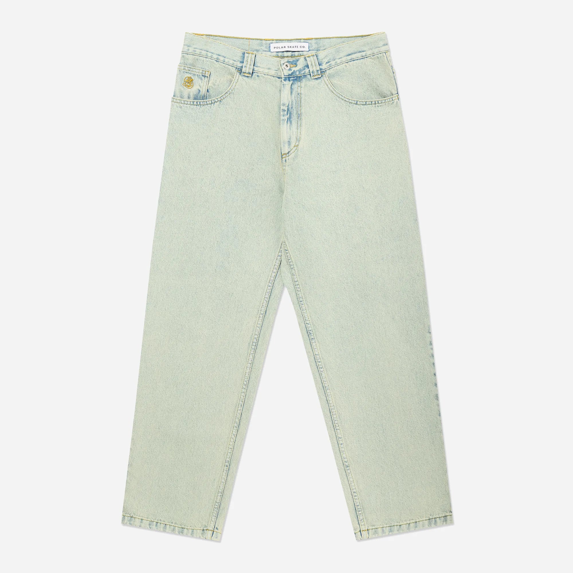 Front view of the premium oversized Polar Skate Co 93 jeans in washed light blue heavyweight denim.