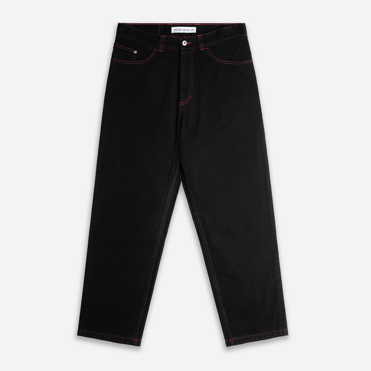 Pantalon semi-baggy noir et rouge homme Polar Skate Co 93 Pants Apocalypse Nun vue de face.