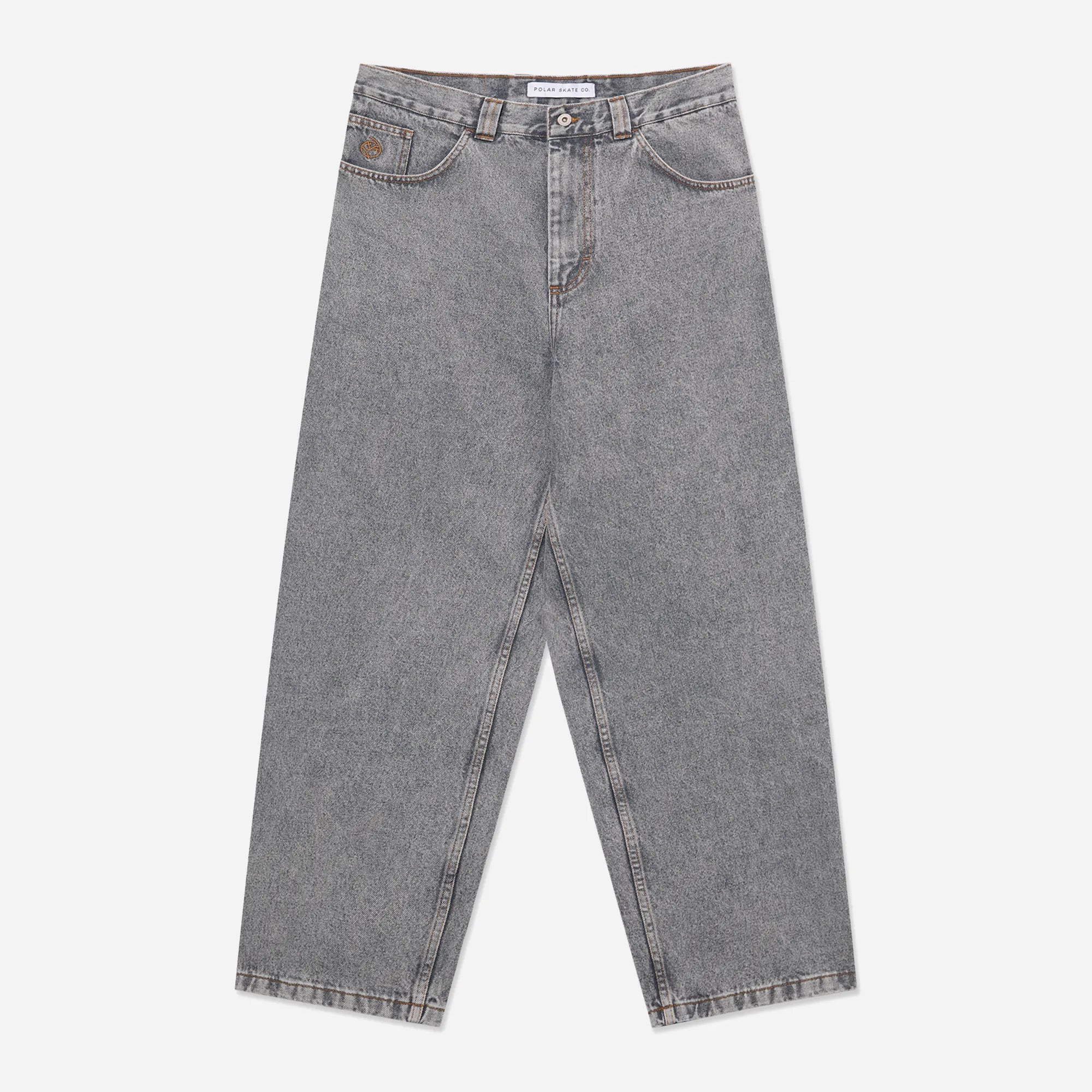 Front view of the premium oversized Polar Skate Co Big Boy pants in washed graphite heavyweight denim.