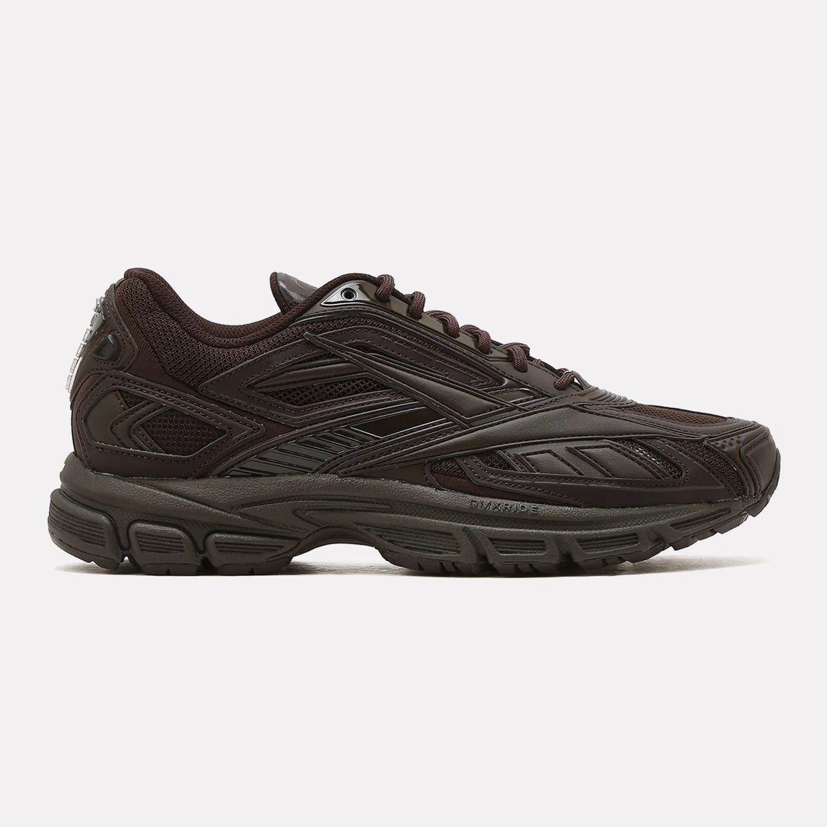 Pair of Reebok LTD Premier Road Ultra Espresso Dark Brown sneakers, brown mesh and overlays, translucent lacing band and segmented midsole, side view