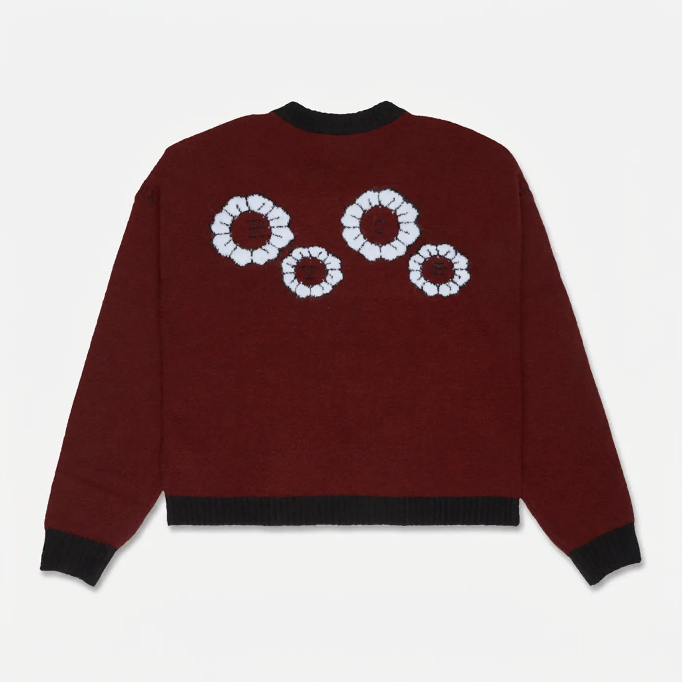Rear view of the Brick Red RVCA sweater showing the floral intarsia knit artwork