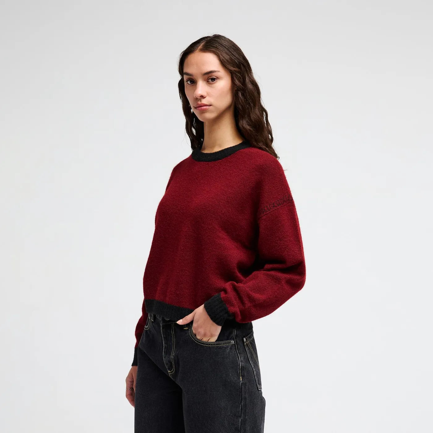 Front view of the RVCA Women's Dalas Flower knit sweater in Brick Red
