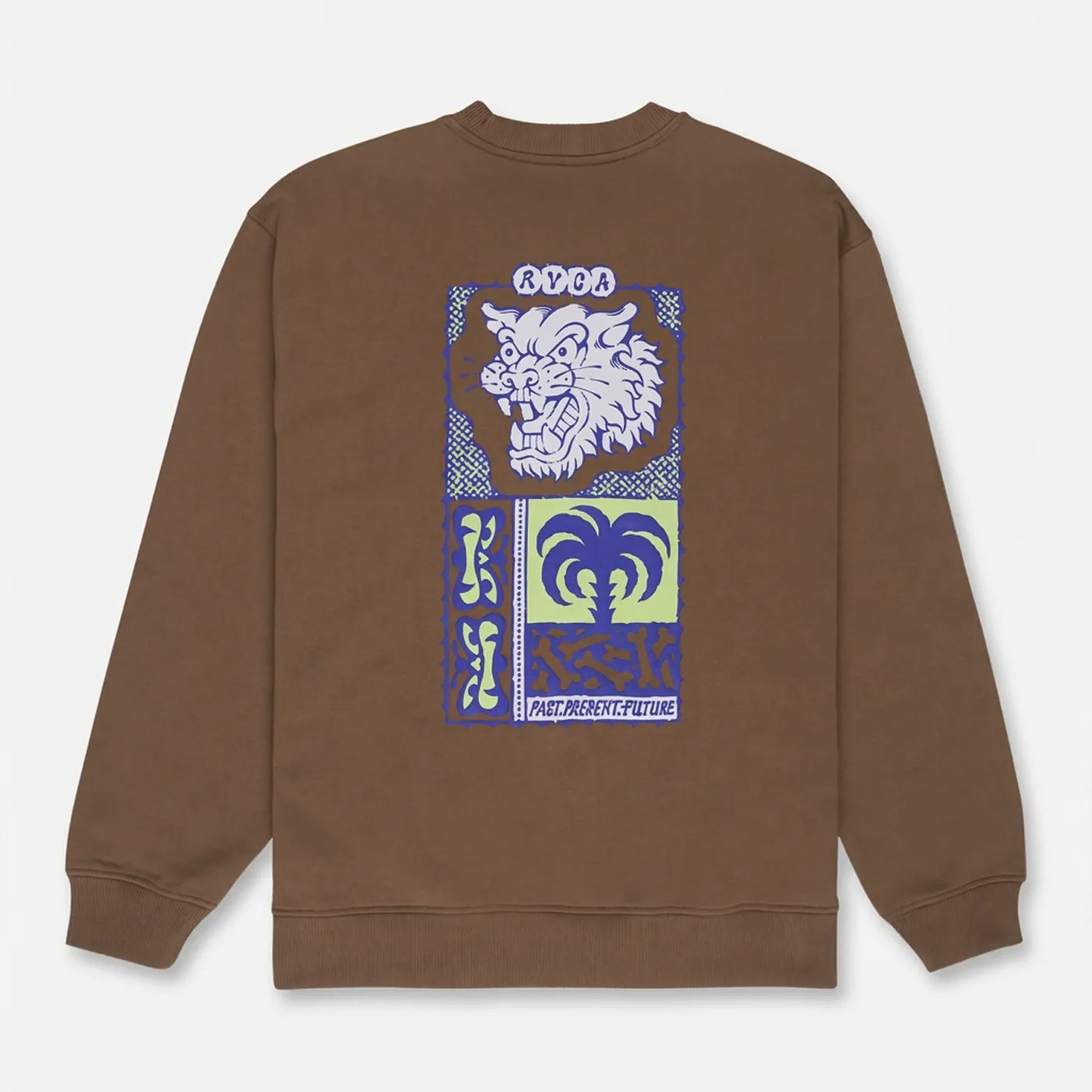 Vue arrière du sweat marron RVCA Dalas Tiger Palm avec imprimé tigre et palmier au dos.