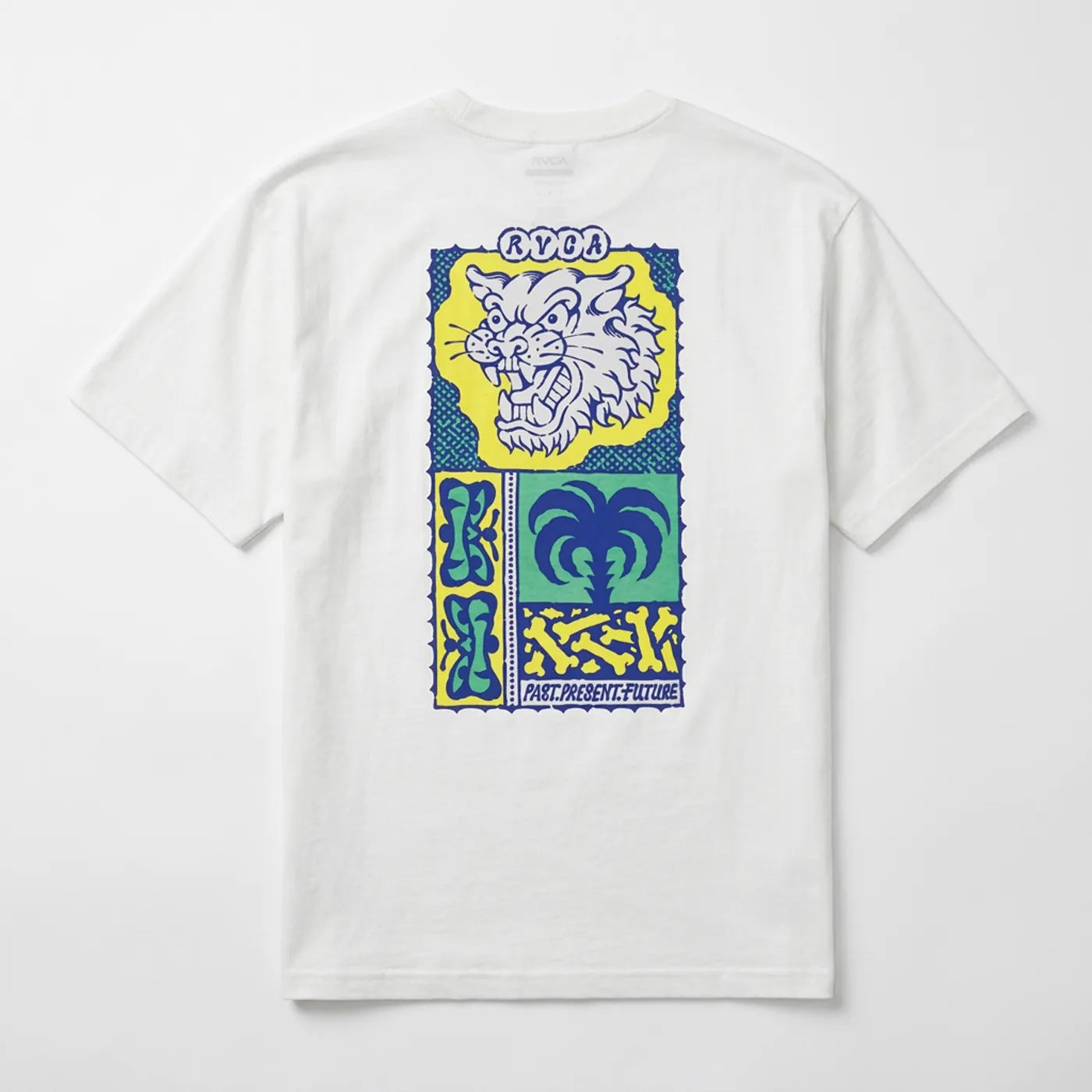 Vue arrière du t-shirt blanc RVCA Dalas Tiger Palm affichant l'imprimé tigre et palmier en relief.