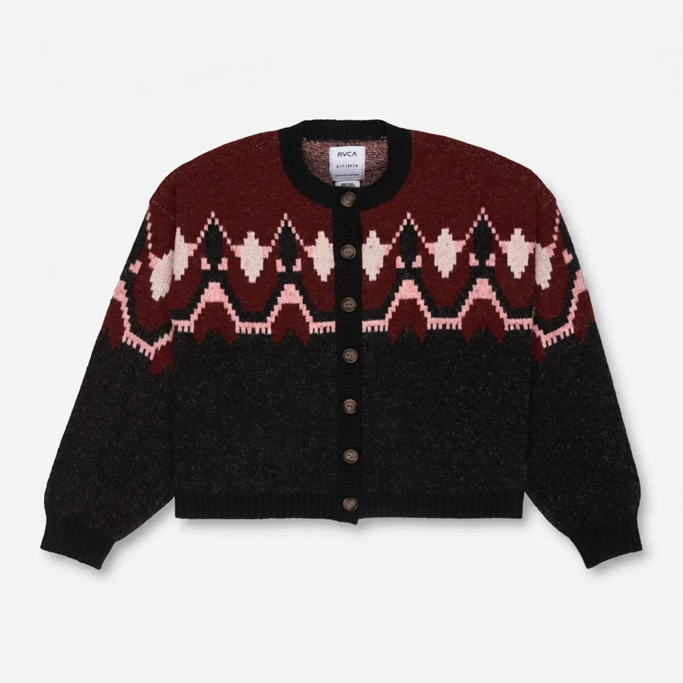 Cardigan en tricot noir et rouge brique RVCA Fairisle femme vue de face.