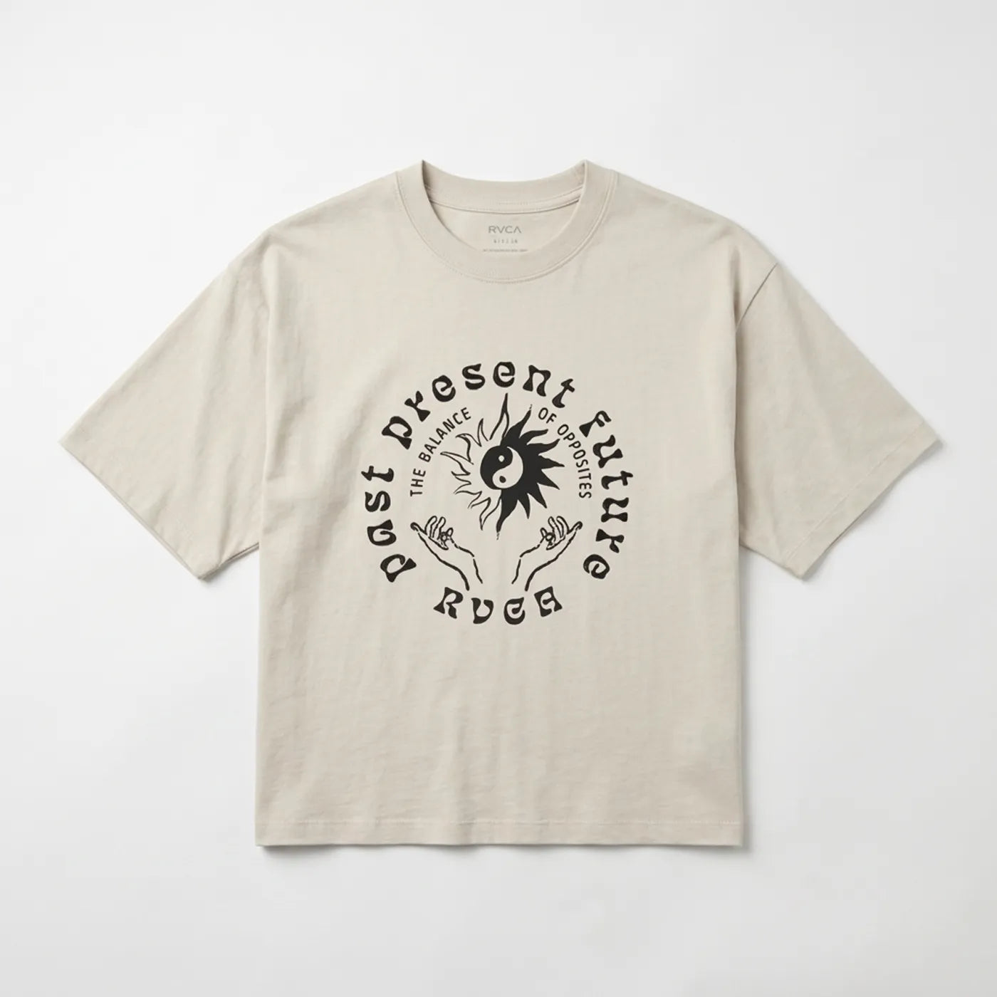 Front view of the RVCA Women's Stable oversized t-shirt in Ceramic beige