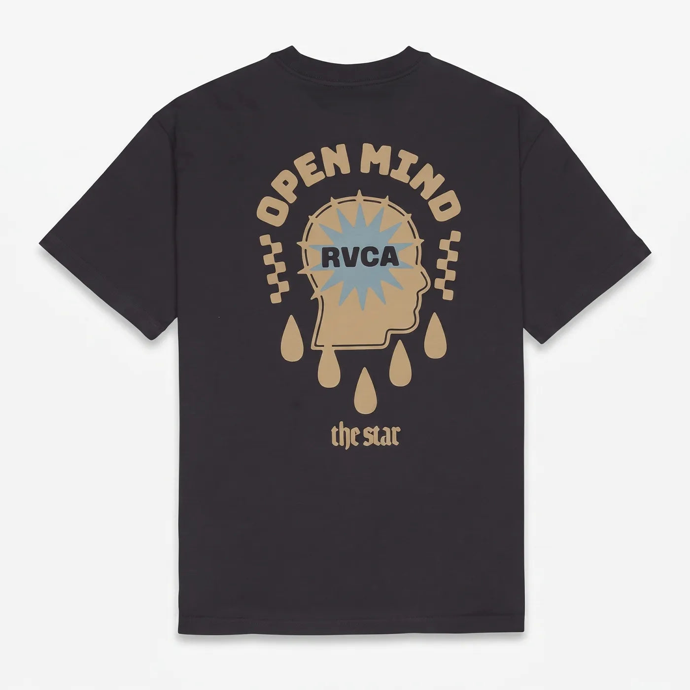 Vue arrière du t-shirt noir délavé RVCA The Stars montrant l'illustration graphique Open Mind