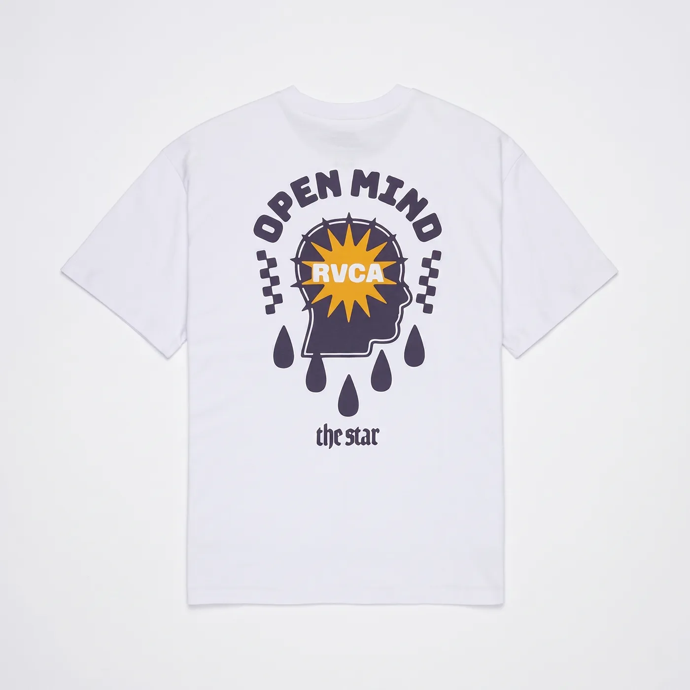 Vue arrière du t-shirt blanc RVCA The Stars montrant l'imprimé graphique Open Mind au dos