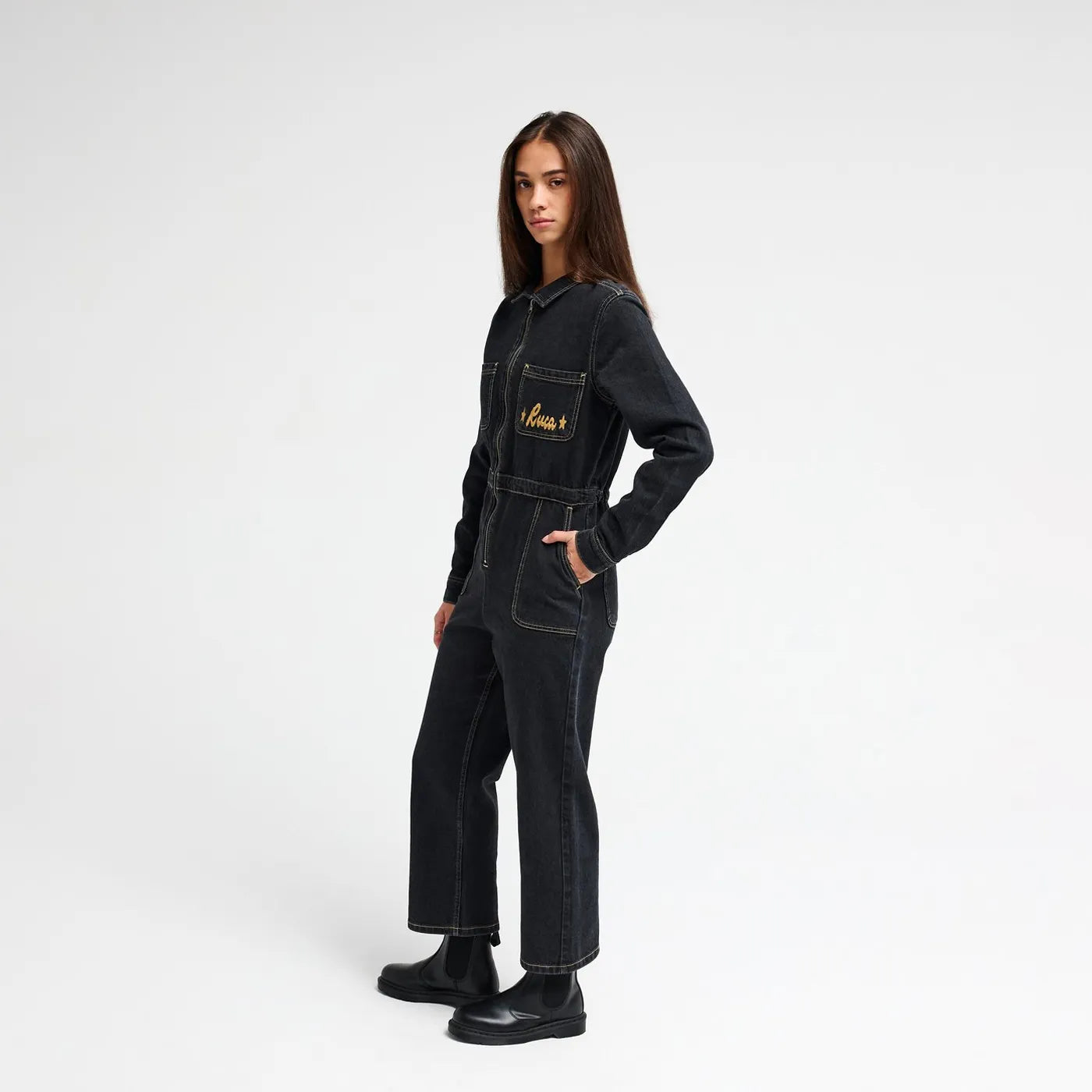 RVCA Worker Denim Jumpsuit Washed Black