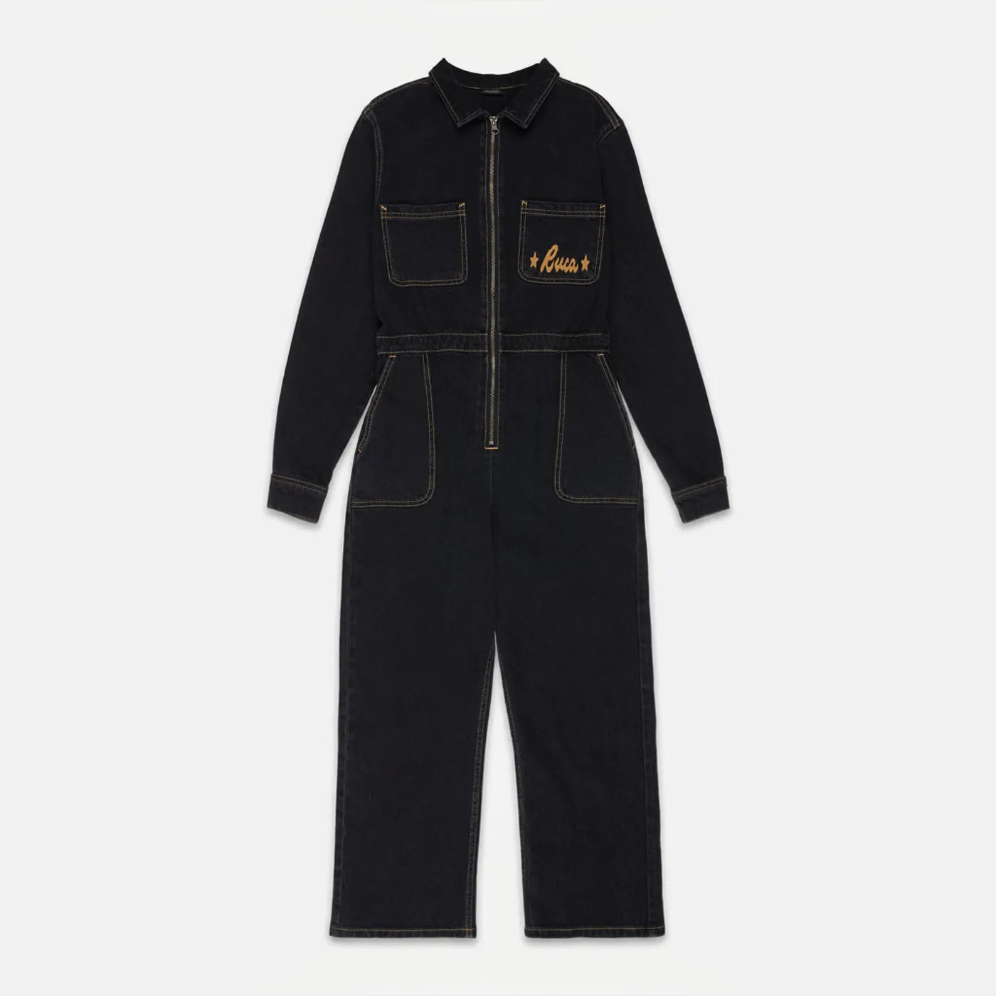 Front view of the RVCA Women's Worker denim jumpsuit in Washed Black