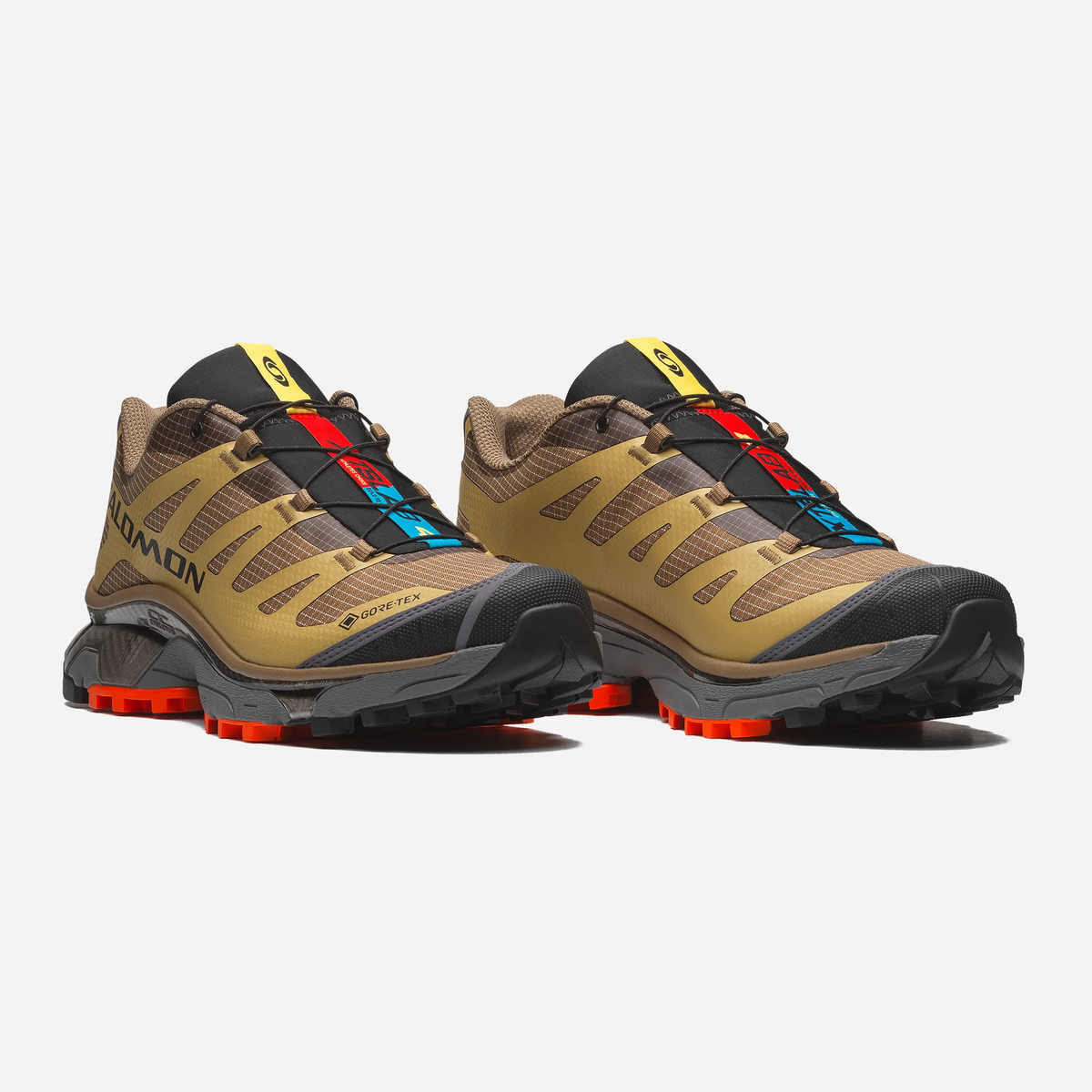Salomon XT-4 OG GTX Coyote Brown Willow sneaker, vintage oval logo and orange Mud Contagrip outsole