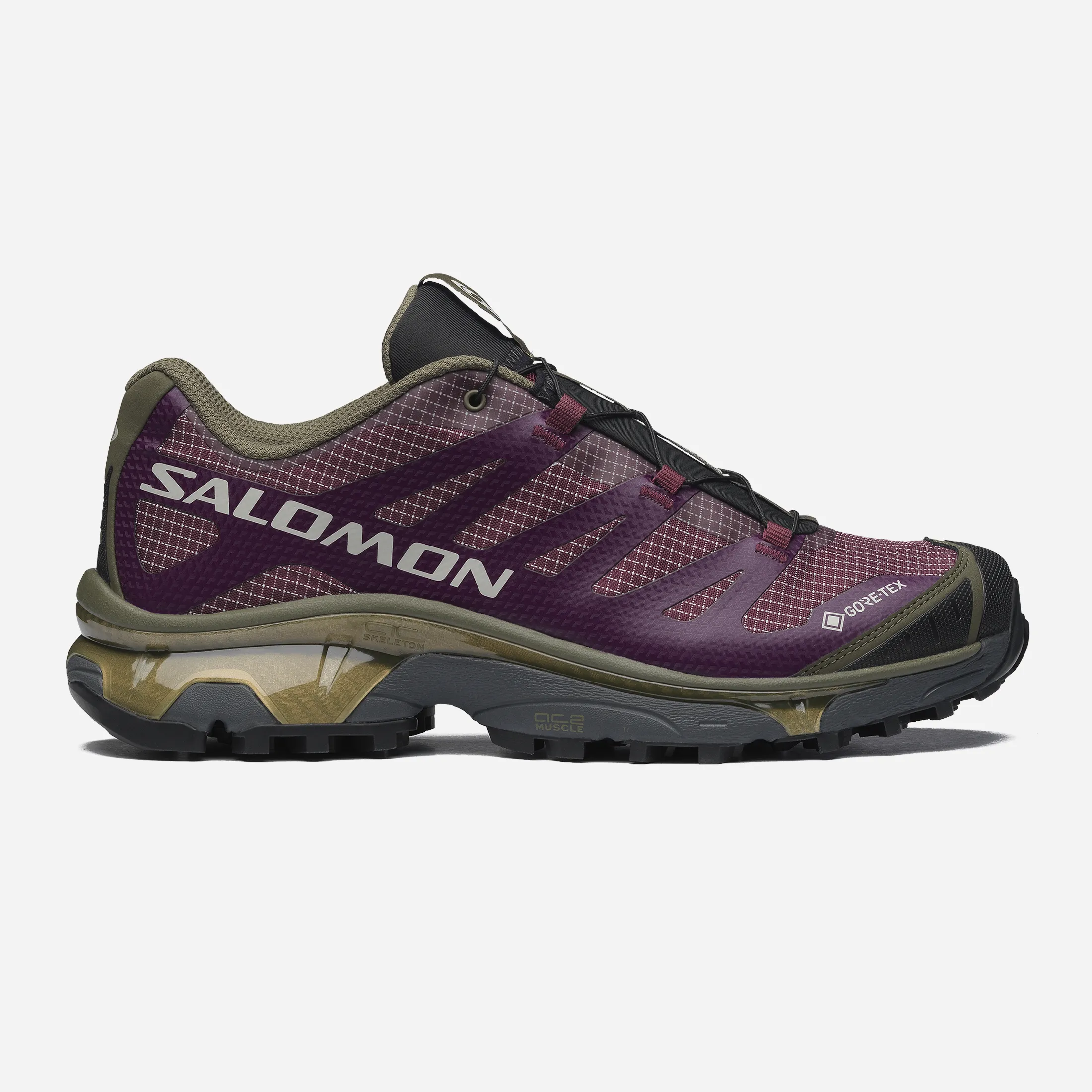 Salomon XT-4 OG Gore-Tex trainers in burgundy and olive green with a technical profile.