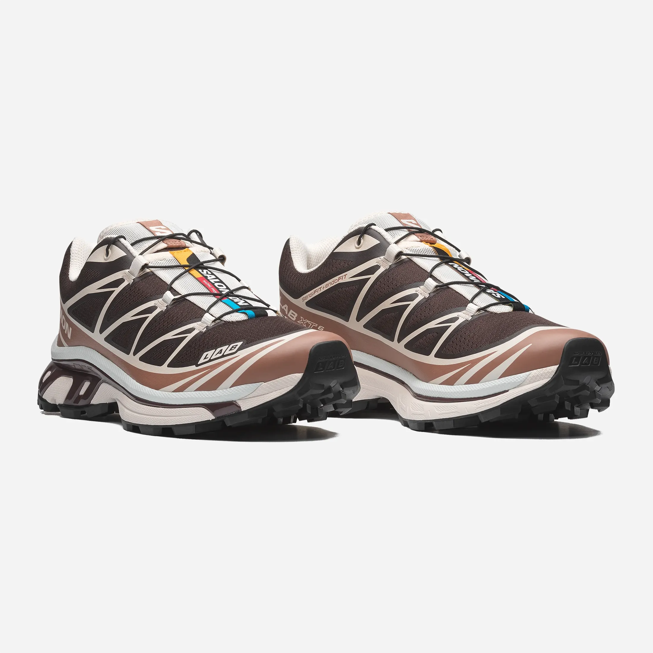 Salomon XT-6 Black Coffee Burro colorway, QuickLace system, Mud Contagrip outsole detail