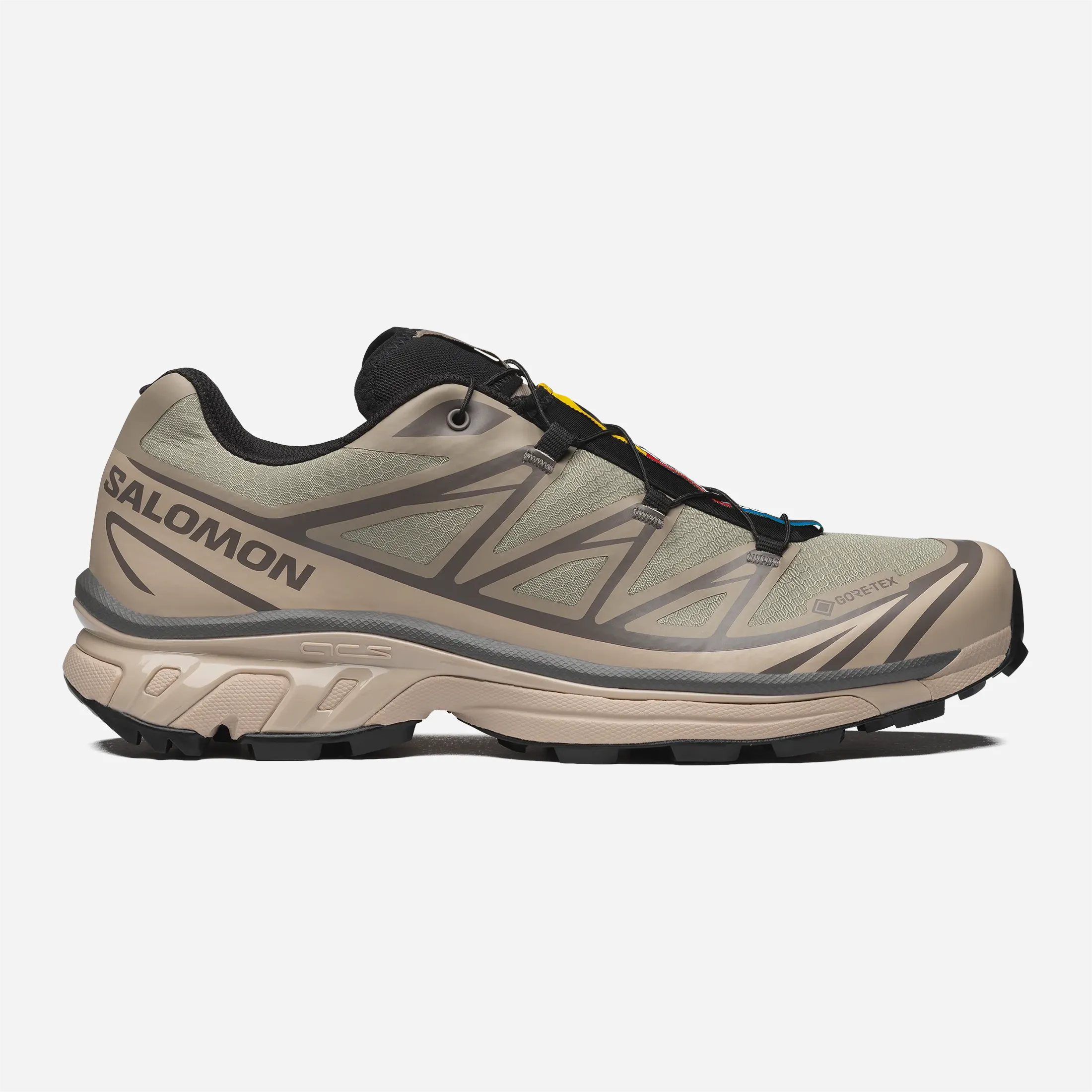 Salomon XT-6 GTX Gore-Tex White Pepper Silver Sage, sneaker trail premium imperméable, vue de profil
