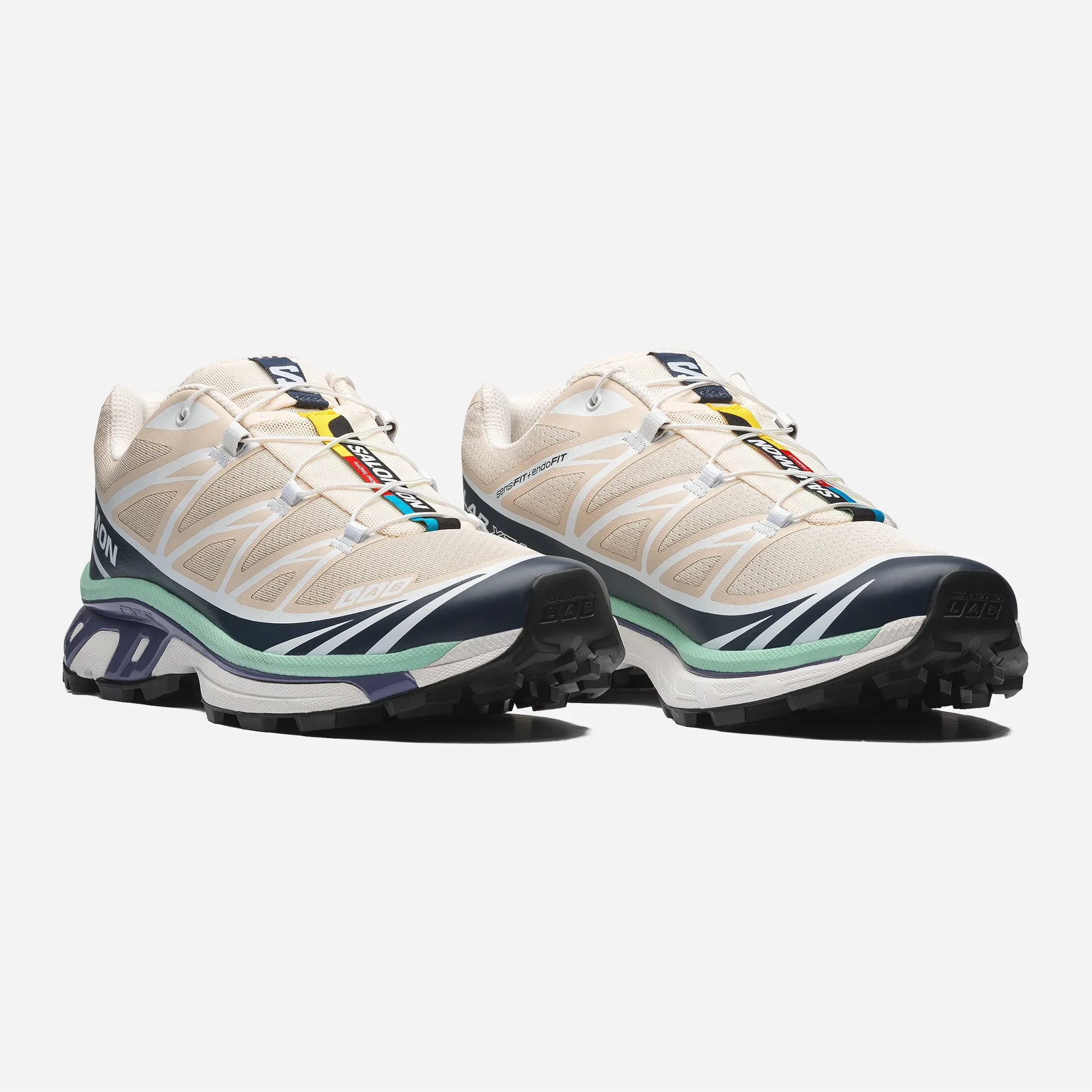 Salomon XT-6 Tapioca Spellbound Lichen colorway, QuickLace system, Mud Contagrip outsole detail