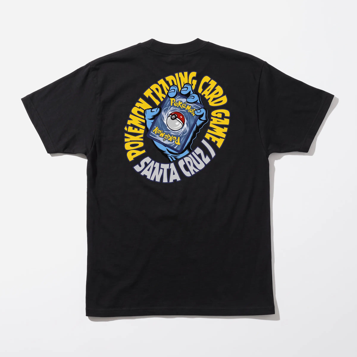 T-shirt Santa Cruz x Pokémon TCG Hand Black vue de dos avec grand graphisme Screaming Hand et carte Pokémon