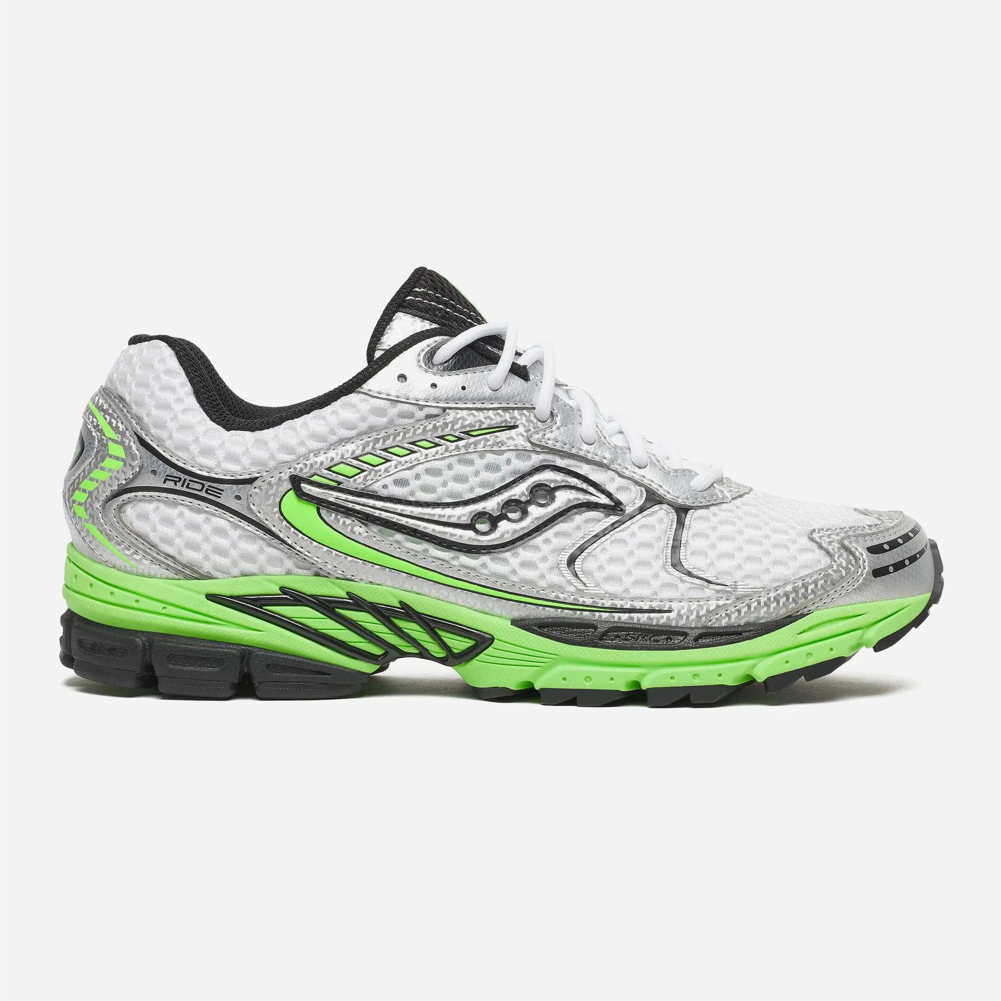 Saucony ProGrid Ride 1 White Slime, sneakers premium mesh hexagonal blanc et semelle vert slime, vue profil