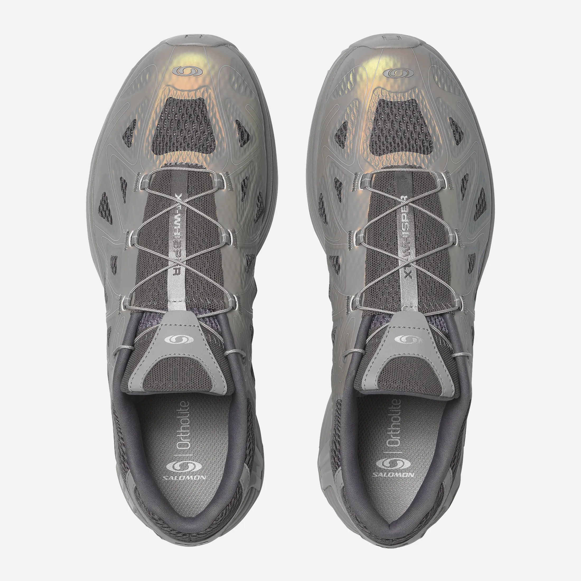 Top view of Salomon XT-Whisper showing Quicklace lacing and grey tongue.