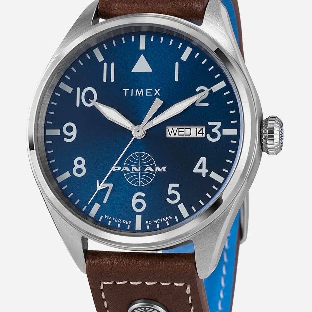 TIMEX X PAN AM - Waterbury Day -Date 42mm - Leather Strap Watch